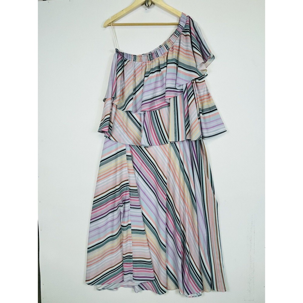 NEW Guapa One‎ Shoulder Dress Women XL Rainbow Stripe Resort Chic Boho Tropical